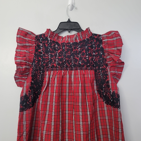 J.Marie Rayna Embroidered Plaid Cap Sleeve Ruffle Neck Top - Picture 5 of 13